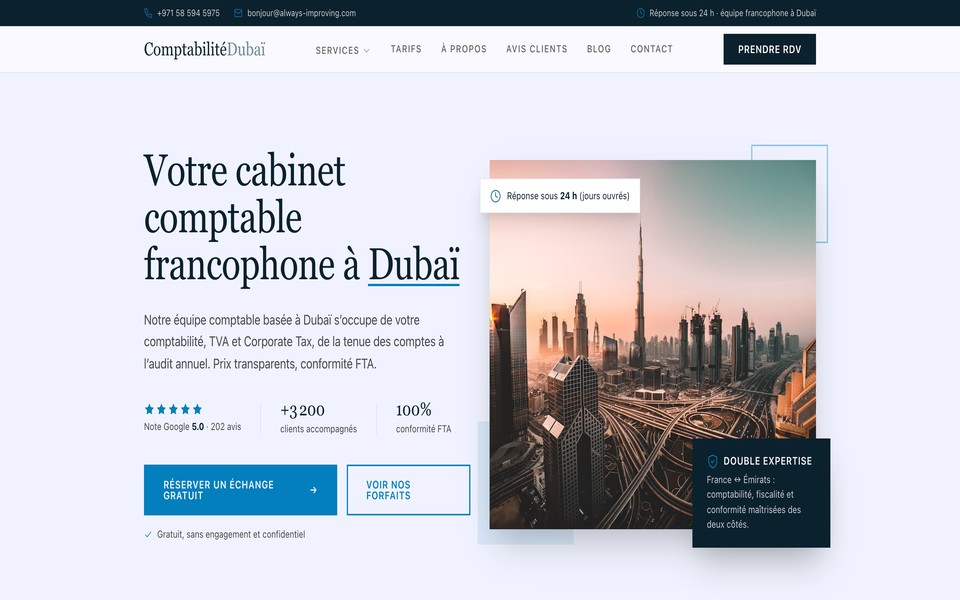Screenshot of the Comptabilité Dubaï website